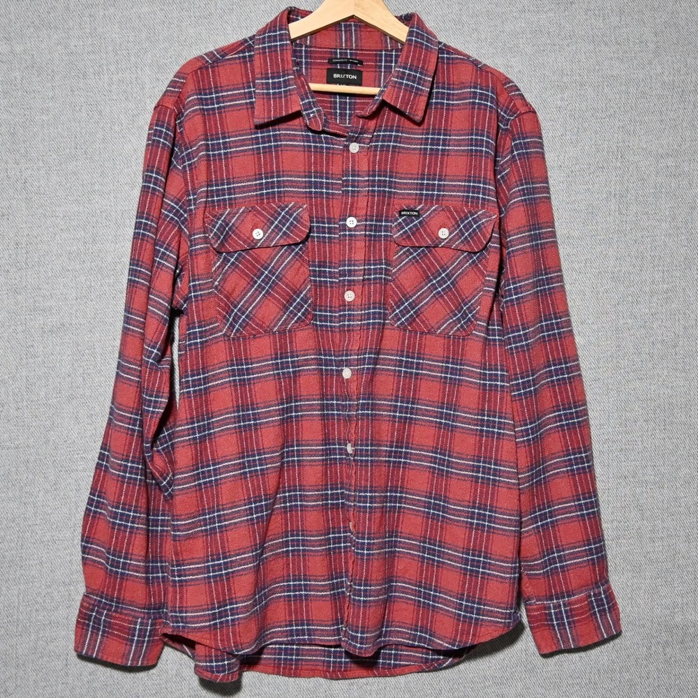 Brixton Bowery Flannel Shirt Mens XL Red Plaid Cotton Hemp Blend Long Sleeve